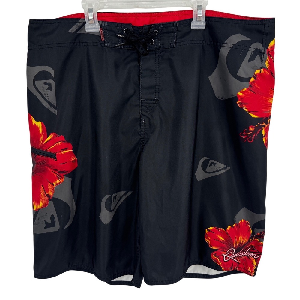 Vintage Quiksilver Mens Board Shorts Black Floral Hibiscus Swim Trunks Size 38